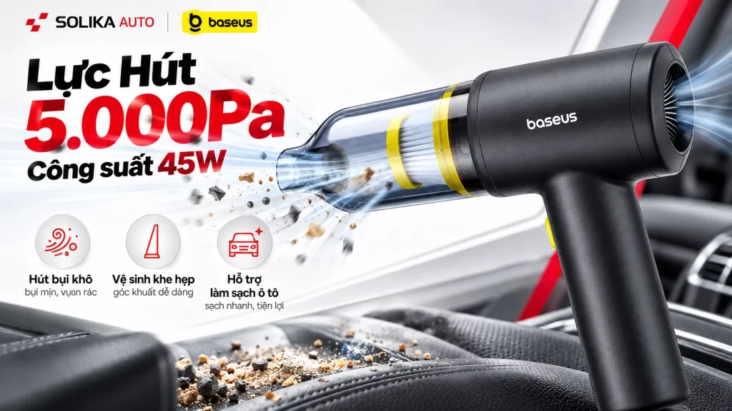 Máy hút bụi Baseus AT Car công suất 45W, lực hút 5000Pa, hỗ trợ thu gom bụi khô và vụn thức ăn.