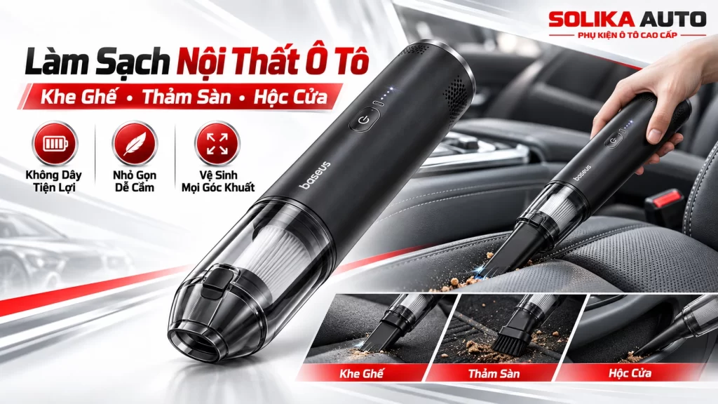 Máy hút bụi không dây Baseus A3lite đang làm sạch bụi bẩn tại khe ghế, thảm sàn và hộc cửa ô tô.