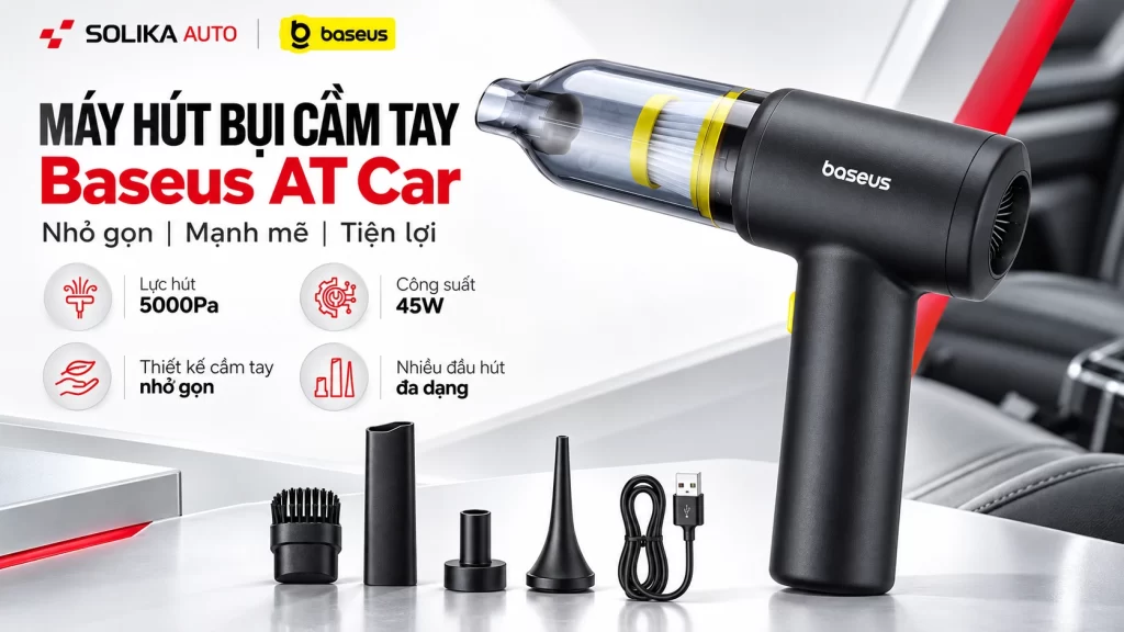 Máy hút bụi cầm tay Baseus AT Car không dây, lực hút 5000Pa, công suất 45W cùng bộ phụ kiện.