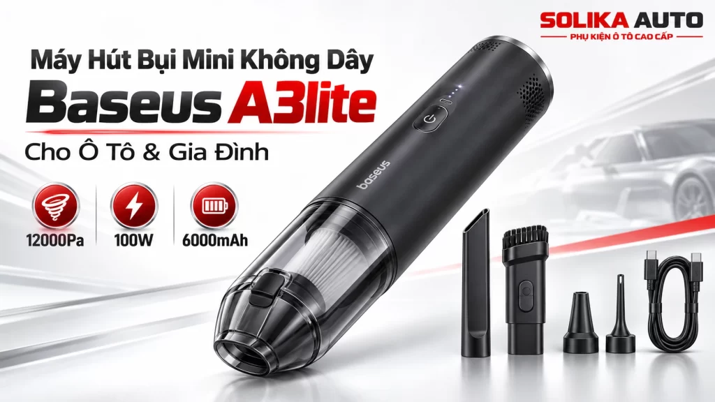 Máy hút bụi mini không dây Baseus A3lite cho ô tô, lực hút 12000Pa, công suất 100W, pin 6000mAh cùng bộ phụ kiện.
