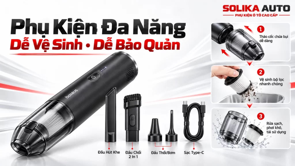 Bộ phụ kiện máy hút bụi Baseus A3lite gồm đầu hút khe, đầu chổi, đầu thổi khí, cáp sạc Type-C và hình minh họa vệ sinh bộ lọc.