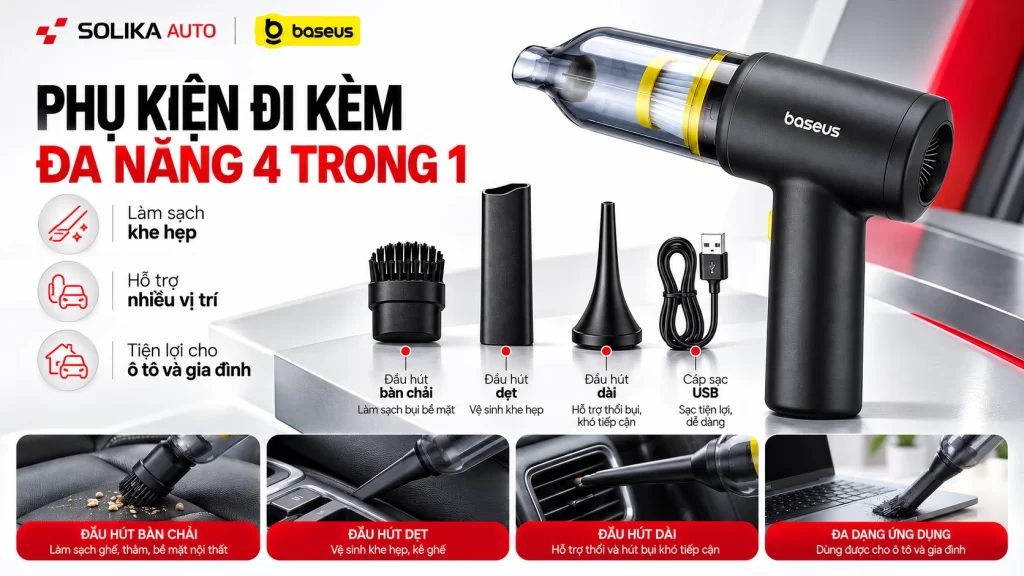 Máy hút bụi Baseus AT Car cùng đầu hút khe, đầu chổi, đầu hút dài và cáp sạc USB.