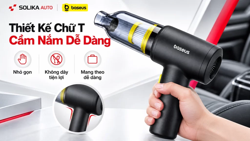 Thiết kế chữ T của máy hút bụi không dây Baseus AT Car với tay cầm nhỏ gọn, dễ thao tác.