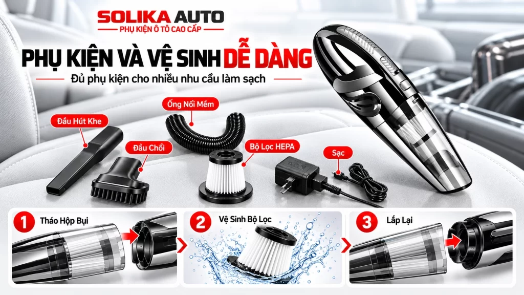 Máy hút bụi R-6053 cùng đầu hút khe, đầu chổi, ống nối mềm, bộ lọc HEPA và hình minh họa các bước vệ sinh hộp chứa bụi.