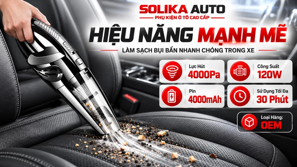 Hình ảnh minh họa máy hút bụi không dây R-6053 đang xử lý bụi bẩn và vụn thức ăn trên bề mặt ghế ô tô. Nội dung nhấn mạnh công suất 120W, lực hút 4000Pa và pin 4000mAh theo thông số tham khảo. Thiết bị hướng đến nhu cầu làm sạch bụi khô thông thường trên ghế, thảm và các vị trí phù hợp trong xe.