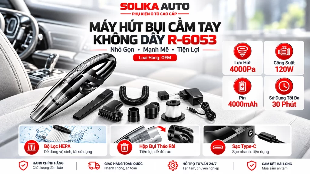 Máy hút bụi cầm tay không dây R-6053 Rundong loại OEM màu đen bạc, kèm phụ kiện, lực hút 4000Pa, công suất 120W và pin 4000mAh.