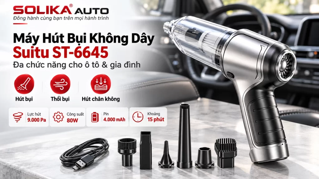 Máy hút bụi không dây Suitu ST-6645 đa chức năng, thiết kế cầm tay nhỏ gọn kèm bộ phụ kiện.