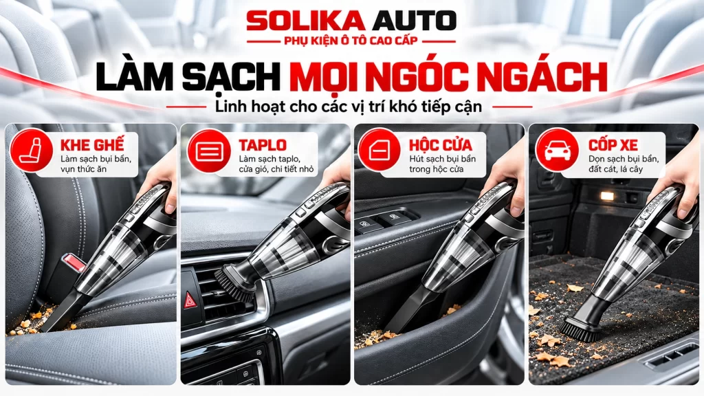 Máy hút bụi ô tô không dây R-6053 minh họa vệ sinh khe ghế, taplo, hộc cửa và cốp xe bằng các đầu hút phù hợp.