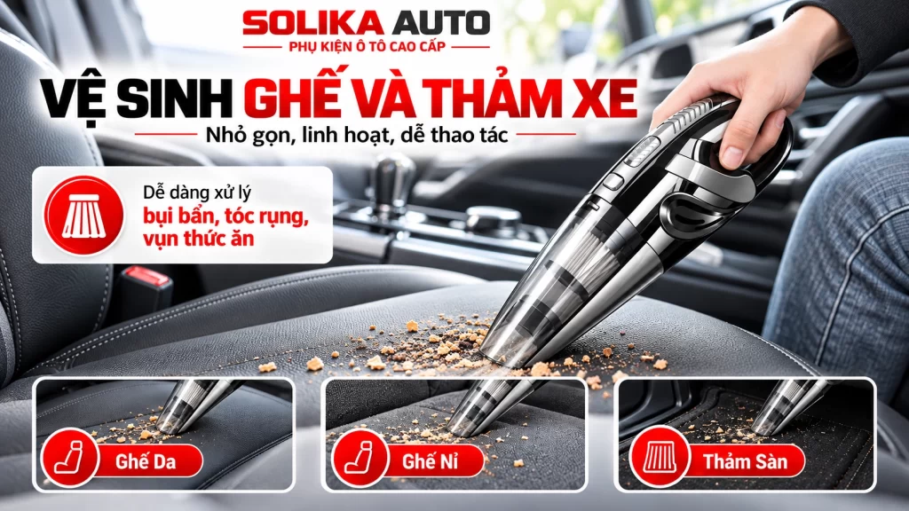 Máy hút bụi ô tô không dây R-6053 minh họa vệ sinh khe ghế, taplo, hộc cửa và cốp xe bằng các đầu hút phù hợp.