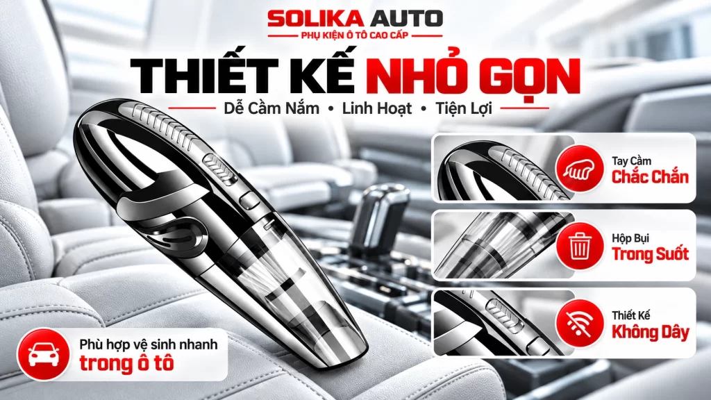 Hình ảnh cận cảnh thiết kế máy hút bụi cầm tay không dây Rundong R-6053, làm nổi bật tay cầm vòng cung, thân máy đen bạc, nút điều khiển và hộp chứa bụi trong suốt. Kiểu dáng thuôn dài giúp người dùng dễ dàng thao tác và tiếp cận những vị trí nhỏ trong khoang nội thất ô tô.
