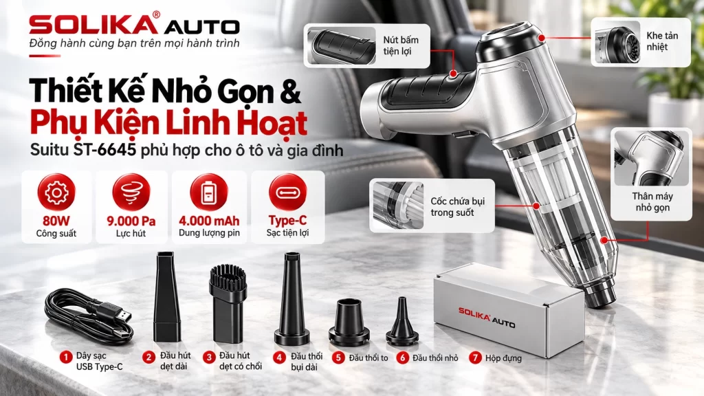 Thiết kế cầm tay máy hút bụi Suitu ST-6645 với cốc chứa bụi trong suốt, đầu hút khe và bộ phụ kiện.