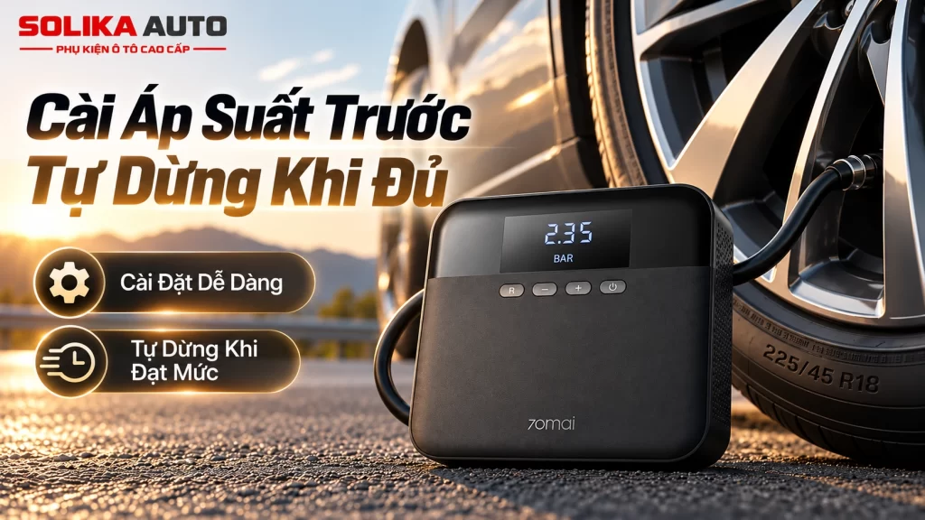 Hình minh họa chức năng cài trước áp suất và tự động dừng của máy bơm lốp 70mai Midrive TP03.