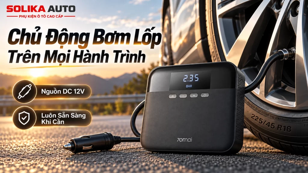 Hình ảnh 70mai TP03 kết nối nguồn DC 12V và bơm lốp ô tô, phù hợp để sử dụng khi đi xa hoặc cần bổ sung áp suất.