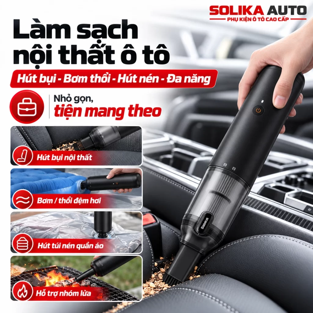 Máy hút bụi cầm tay Baseus A3lite vệ sinh khe ghế ô tô, hỗ trợ bơm đệm hơi và hút không khí khỏi túi bảo quản.