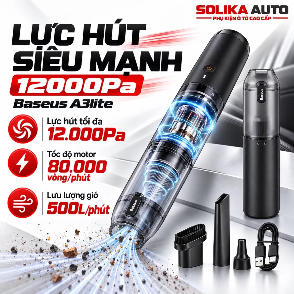 Máy hút bụi Baseus A3lite lực hút 12000Pa, động cơ không chổi than 80000 vòng/phút và lưu lượng khí 500 lít/phút.
