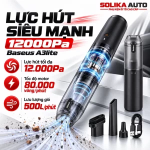 Máy hút bụi Baseus A3lite lực hút 12000Pa, động cơ không chổi than 80000 vòng/phút và lưu lượng khí 500 lít/phút.