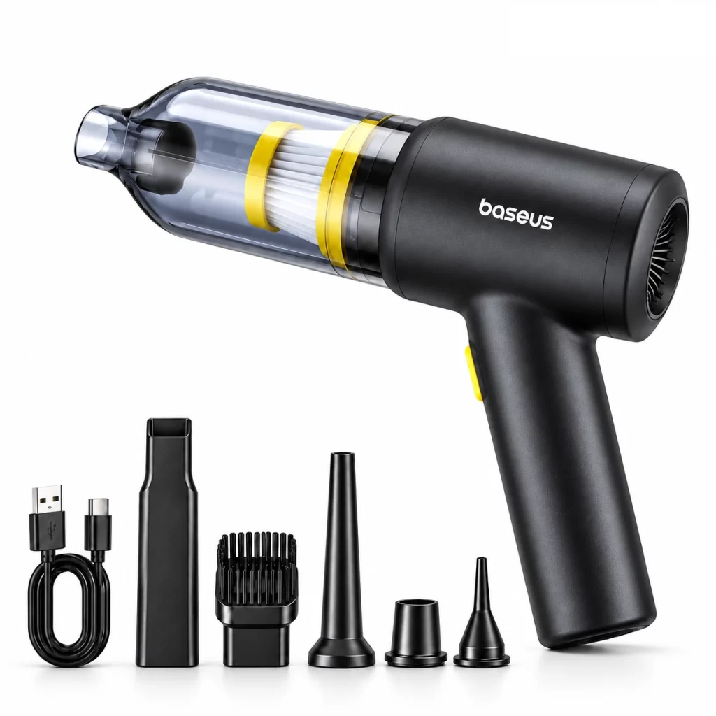 Máy hút bụi cầm tay Baseus AT Car màu đen, thiết kế chữ T, cốc bụi trong suốt cùng bộ phụ kiện trên nền trắng. Sao chép