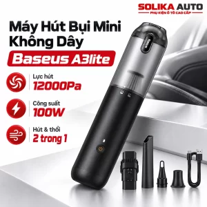 Máy hút bụi mini không dây Baseus A3lite cho ô tô, lực hút 12000Pa, công suất 100W, thiết kế nhỏ gọn cùng bộ phụ kiện.