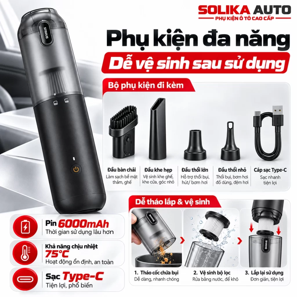 Bộ phụ kiện máy hút bụi Baseus A3lite gồm đầu chổi, đầu hút khe, đầu thổi khí, cáp sạc Type-C và hình hướng dẫn vệ sinh bộ lọc.