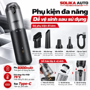 Bộ phụ kiện máy hút bụi Baseus A3lite gồm đầu chổi, đầu hút khe, đầu thổi khí, cáp sạc Type-C và hình hướng dẫn vệ sinh bộ lọc.