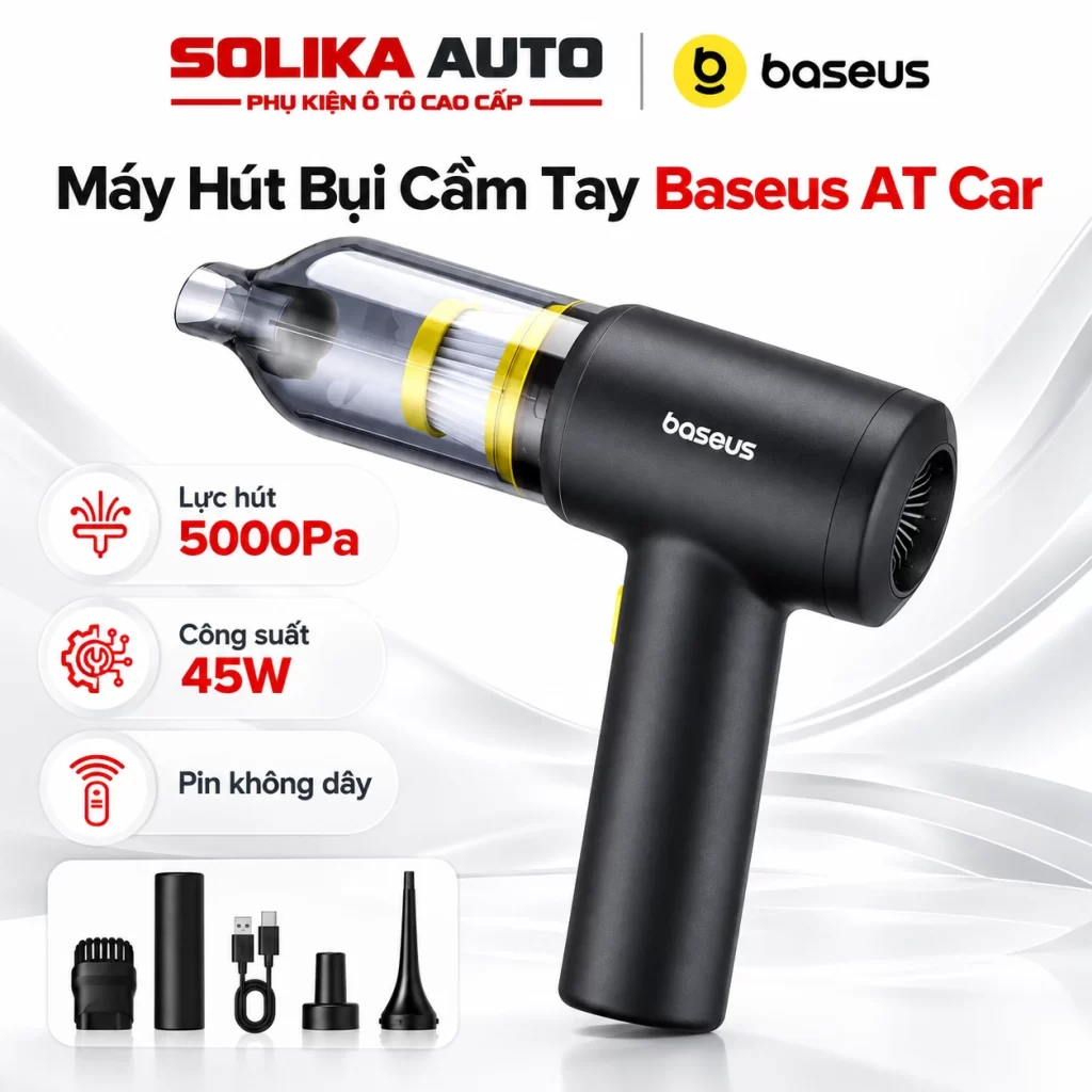 Máy hút bụi cầm tay không dây R-6053 màu đen bạc, cốc bụi trong suốt và tay cầm vòng cung trên nền trắng. Sao chép