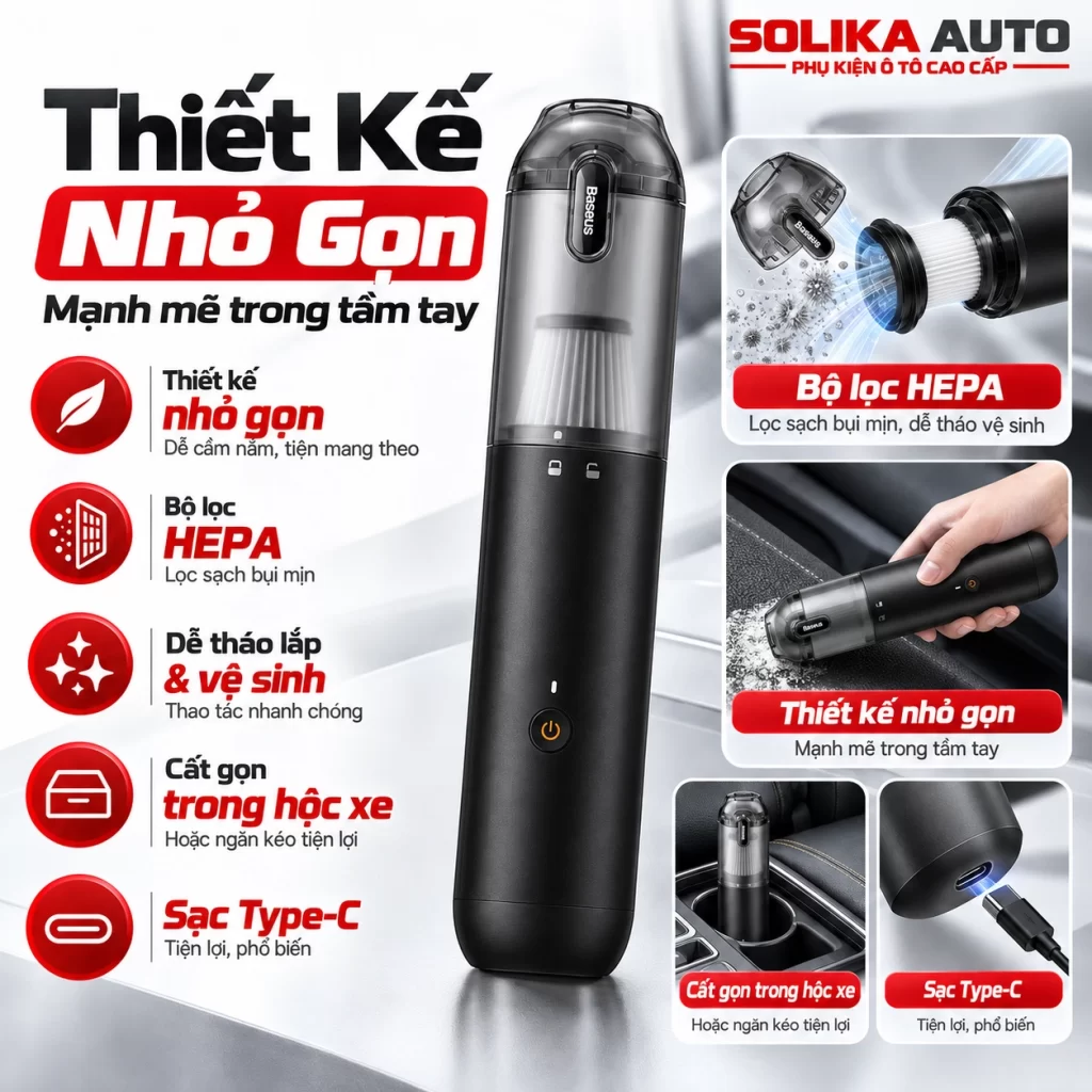 Thiết kế máy hút bụi mini Baseus A3lite với bộ lọc HEPA tháo rời, cốc chứa bụi trong suốt và cổng sạc Type-C.