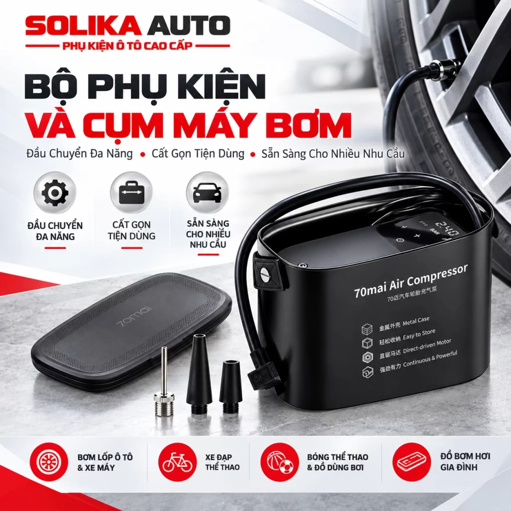 Máy bơm lốp 70mai Midrive TP01 với nắp hộp rời, cụm máy bơm, dây dẫn hơi và các đầu chuyển hỗ trợ bơm hơi.