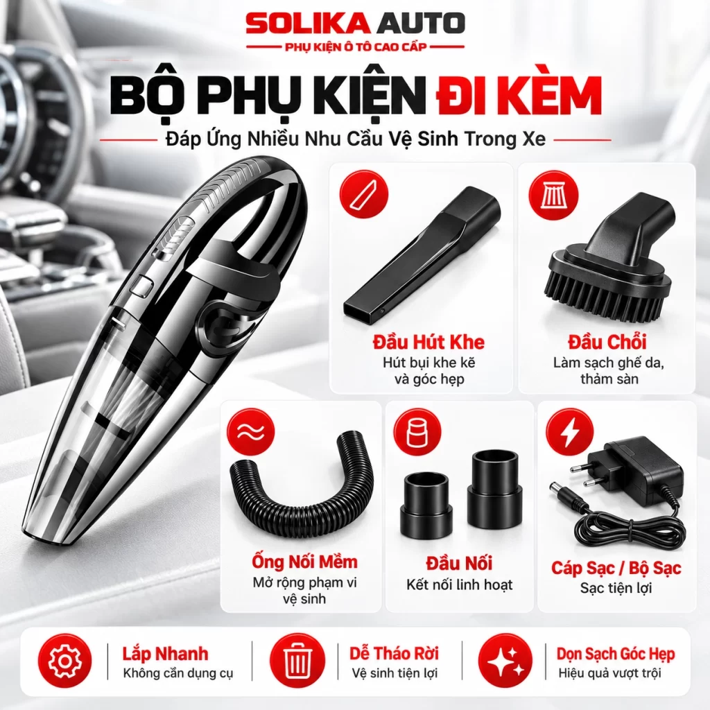Bộ phụ kiện máy hút bụi R-6053 gồm đầu hút khe, đầu chổi, ống nối mềm, đầu chuyển và bộ sạc hỗ trợ vệ sinh nội thất ô tô.