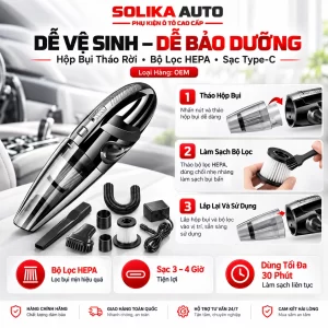 Hướng dẫn vệ sinh máy hút bụi R-6053 với ba bước tháo hộp chứa bụi, làm sạch bộ lọc HEPA và lắp lại máy.