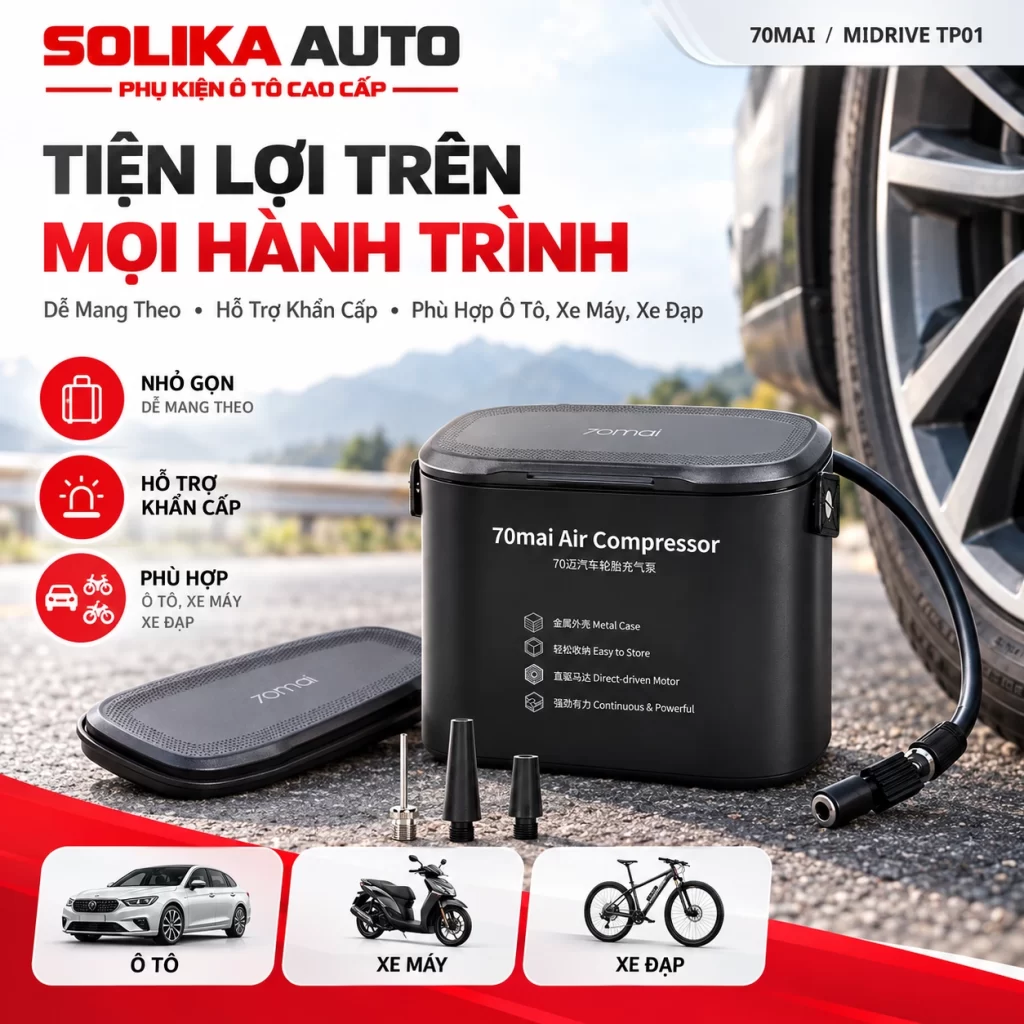 Máy bơm lốp ô tô 70mai Air Compressor Midrive TP01 màu đen đặt bên cạnh bánh xe, minh họa sự tiện lợi khi mang theo.