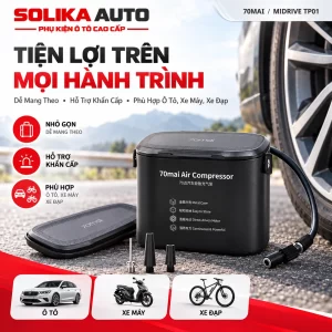 Máy bơm lốp ô tô 70mai Air Compressor Midrive TP01 màu đen đặt bên cạnh bánh xe, minh họa sự tiện lợi khi mang theo.
