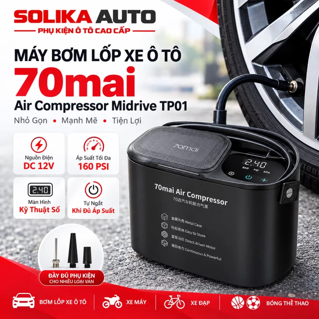 Ảnh giới thiệu máy bơm lốp ô tô 70mai Midrive TP01 màu đen đặt cạnh bánh xe, kết hợp hình minh họa nguồn điện và phụ kiện.