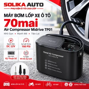 Ảnh giới thiệu máy bơm lốp ô tô 70mai Midrive TP01 màu đen đặt cạnh bánh xe, kết hợp hình minh họa nguồn điện và phụ kiện.