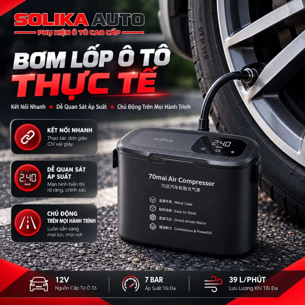 Hình minh họa máy bơm lốp 70mai Midrive TP01 kết nối ống bơm với van lốp ô tô để bổ sung áp suất khi cần thiết.