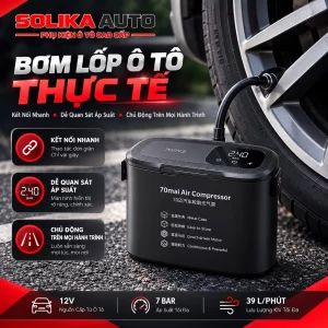 Hình minh họa máy bơm lốp 70mai Midrive TP01 kết nối ống bơm với van lốp ô tô để bổ sung áp suất khi cần thiết.