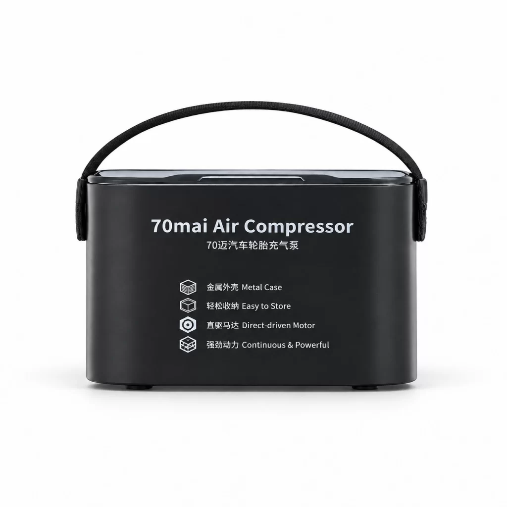 Máy bơm lốp xe ô tô 70mai Air Compressor Midrive TP01 màu đen, thiết kế hộp kim loại có quai xách, chụp chính diện trên nền trắng.
