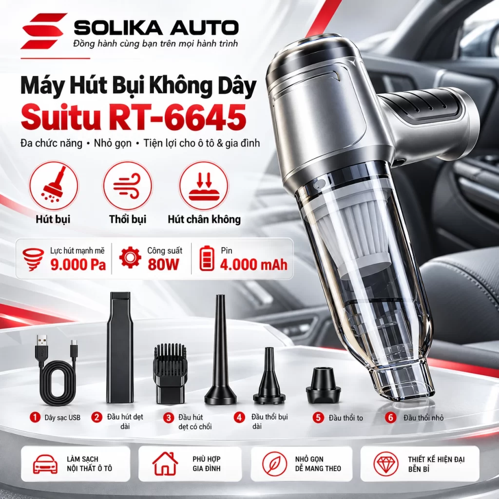 Máy hút bụi không dây Suitu ST-6645 đa chức năng công suất 80W, lực hút 9000Pa, thiết kế nhỏ gọn cho ô tô và gia đình.