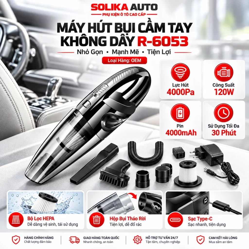 Máy hút bụi cầm tay không dây R-6053 loại OEM màu đen bạc, thiết kế nhỏ gọn, kèm phụ kiện vệ sinh nội thất ô tô tại SOLIKA AUTO.