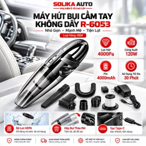 Máy hút bụi cầm tay không dây R-6053 loại OEM màu đen bạc, thiết kế nhỏ gọn, kèm phụ kiện vệ sinh nội thất ô tô tại SOLIKA AUTO.