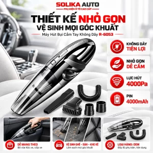 Máy hút bụi R-6053 thiết kế không dây nhỏ gọn, dễ cầm nắm, lực hút 4000Pa và pin 4000mAh, tiện sử dụng trong ô tô.