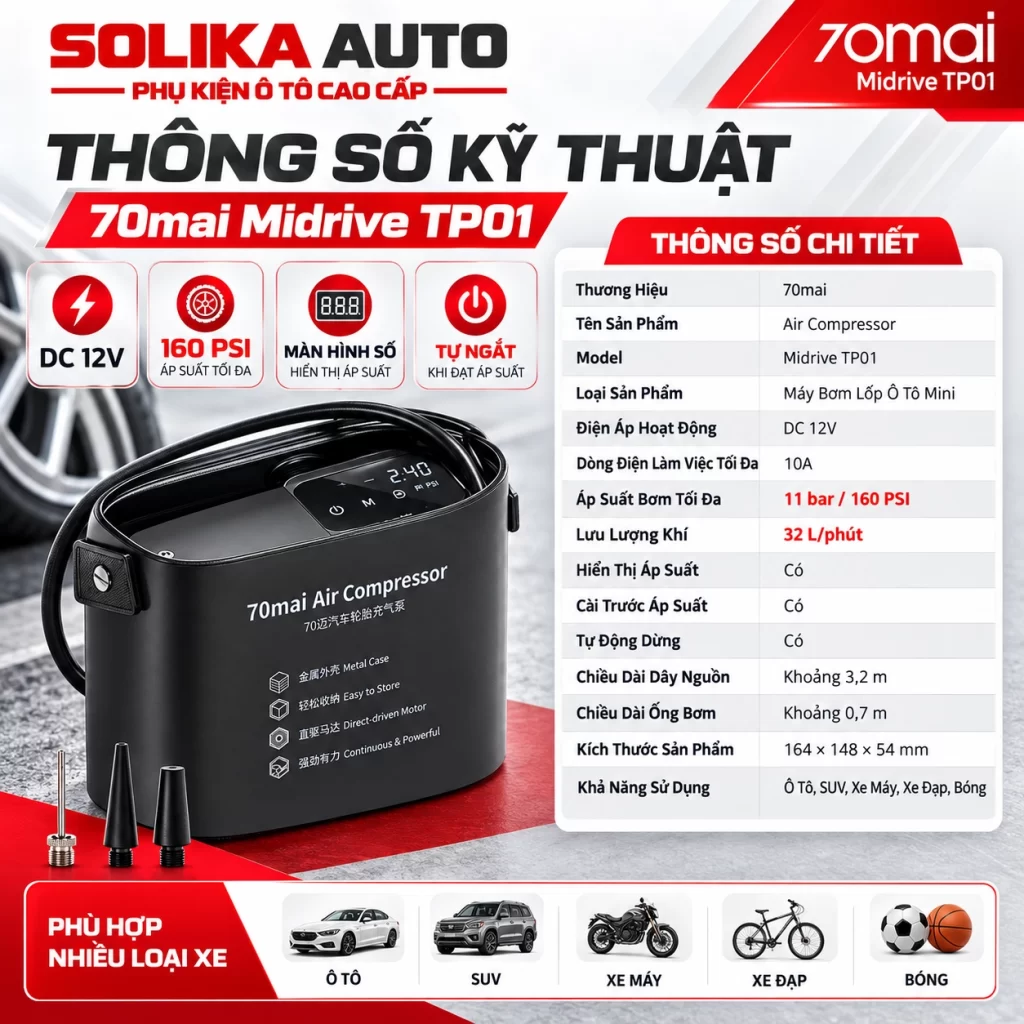 Infographic thông số kỹ thuật máy bơm lốp 70mai Midrive TP01, nguồn DC 12V, áp suất tối đa 7 bar và lưu lượng khí tối đa 39 lít/phút.