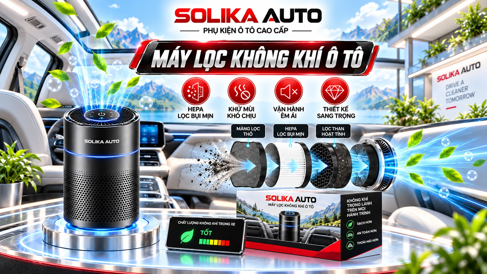 Máy lọc không khí ô tô SOLIKA AUTO lọc bụi mịn HEPA và khử mùi trong xe
