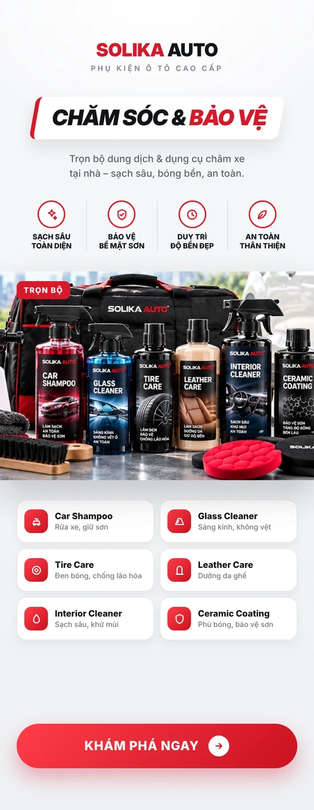 Bộ dung dịch chăm sóc và bảo vệ ô tô Solika Auto: nước rửa xe, vệ sinh kính, dưỡng lốp, dưỡng da, phủ ceramic