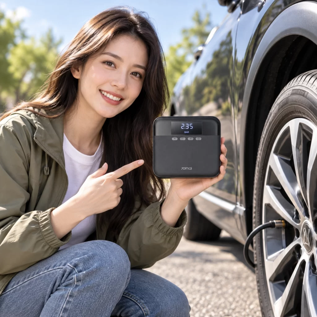 Cận cảnh màn hình máy bơm lốp ô tô 70mai Midrive TP03 hiển thị 2.35 BAR cùng bốn nút điều khiển.