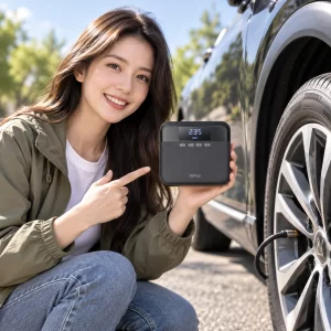 Cận cảnh màn hình máy bơm lốp ô tô 70mai Midrive TP03 hiển thị 2.35 BAR cùng bốn nút điều khiển.
