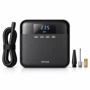 Máy bơm lốp ô tô Xiaomi 70mai Midrive TP03 màu đen cùng dây bơm cuộn gọn và các đầu chuyển đổi van.