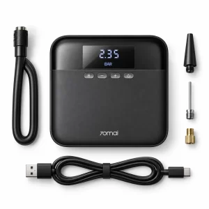 Máy bơm lốp 70mai Midrive TP03 chính diện, dây bơm bên trái và các đầu nối van bên phải trên nền trắng.