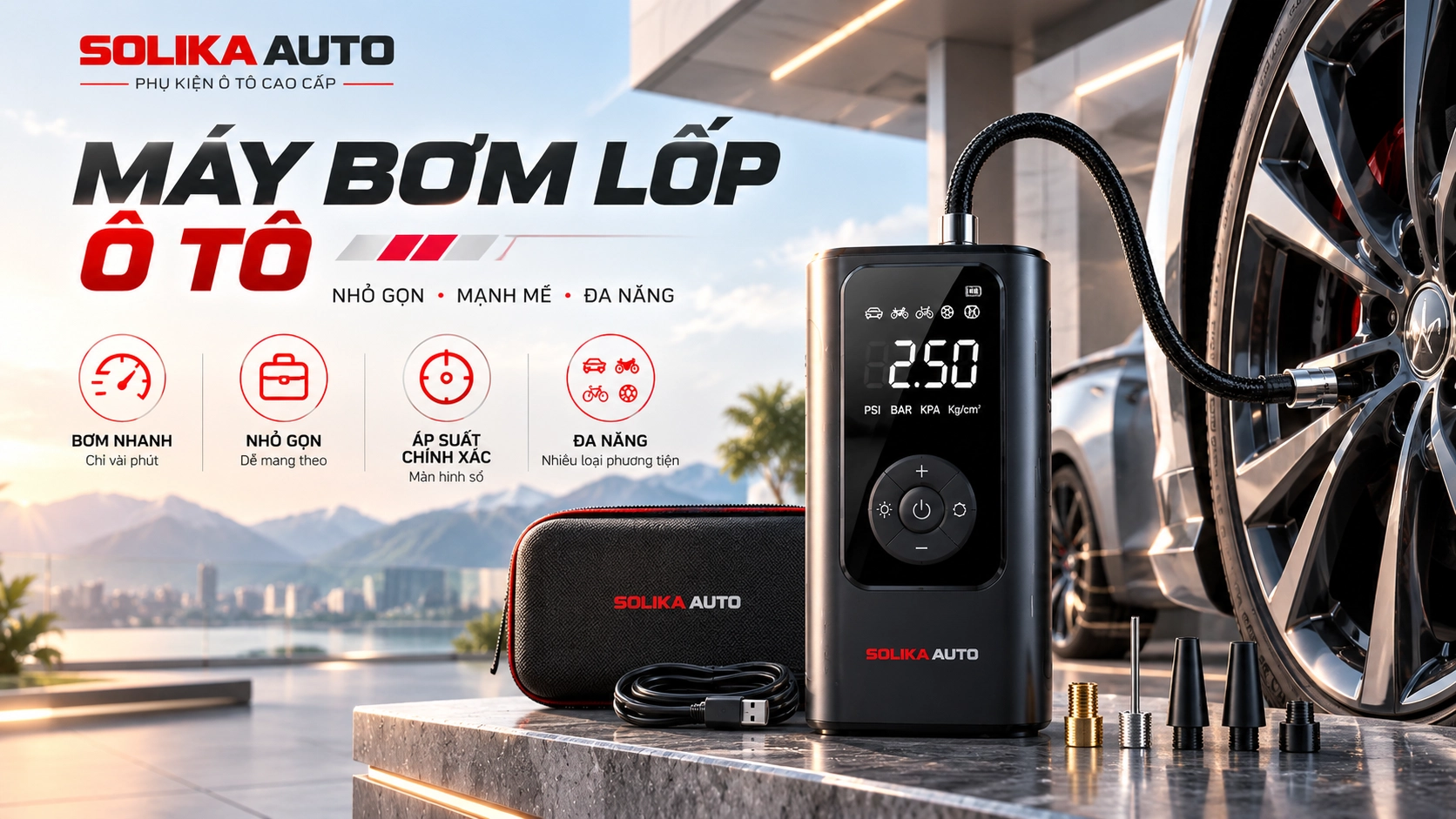 Máy bơm lốp ô tô SOLIKA AUTO nhỏ gọn, bơm nhanh, đo áp suất chính xác