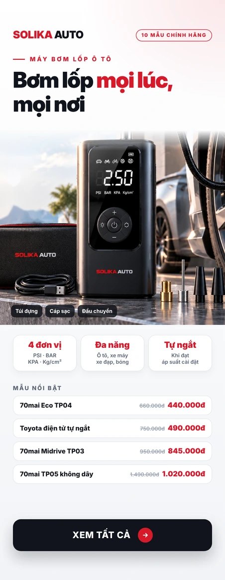 Máy bơm lốp ô tô điện tử nhỏ gọn, màn hình số, bơm nhanh, chỉ từ 440.000đ tại Solika Auto