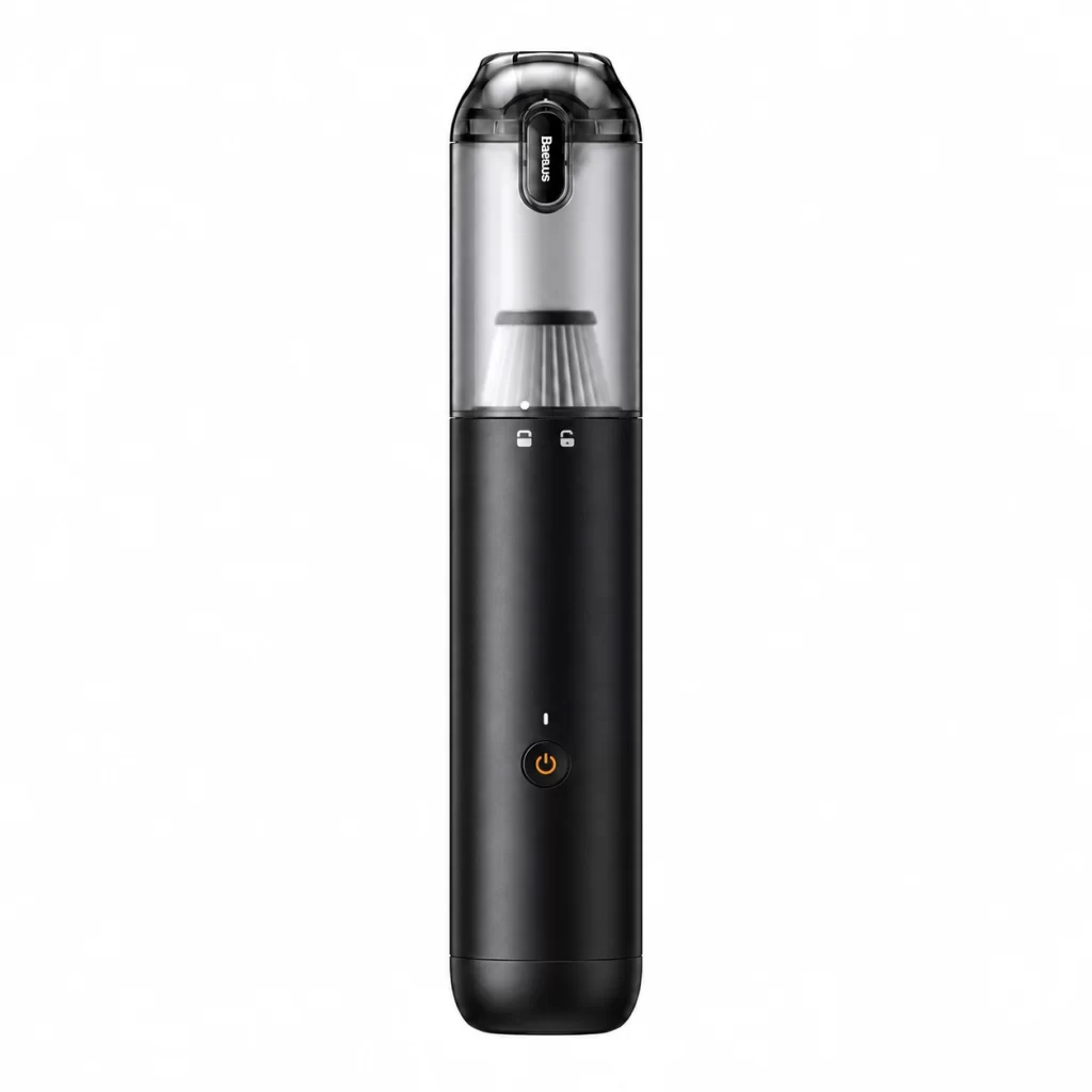 Máy hút bụi mini không dây Baseus A3lite màu đen, thân hình trụ nhỏ gọn, cốc chứa bụi trong suốt trên nền trắng.